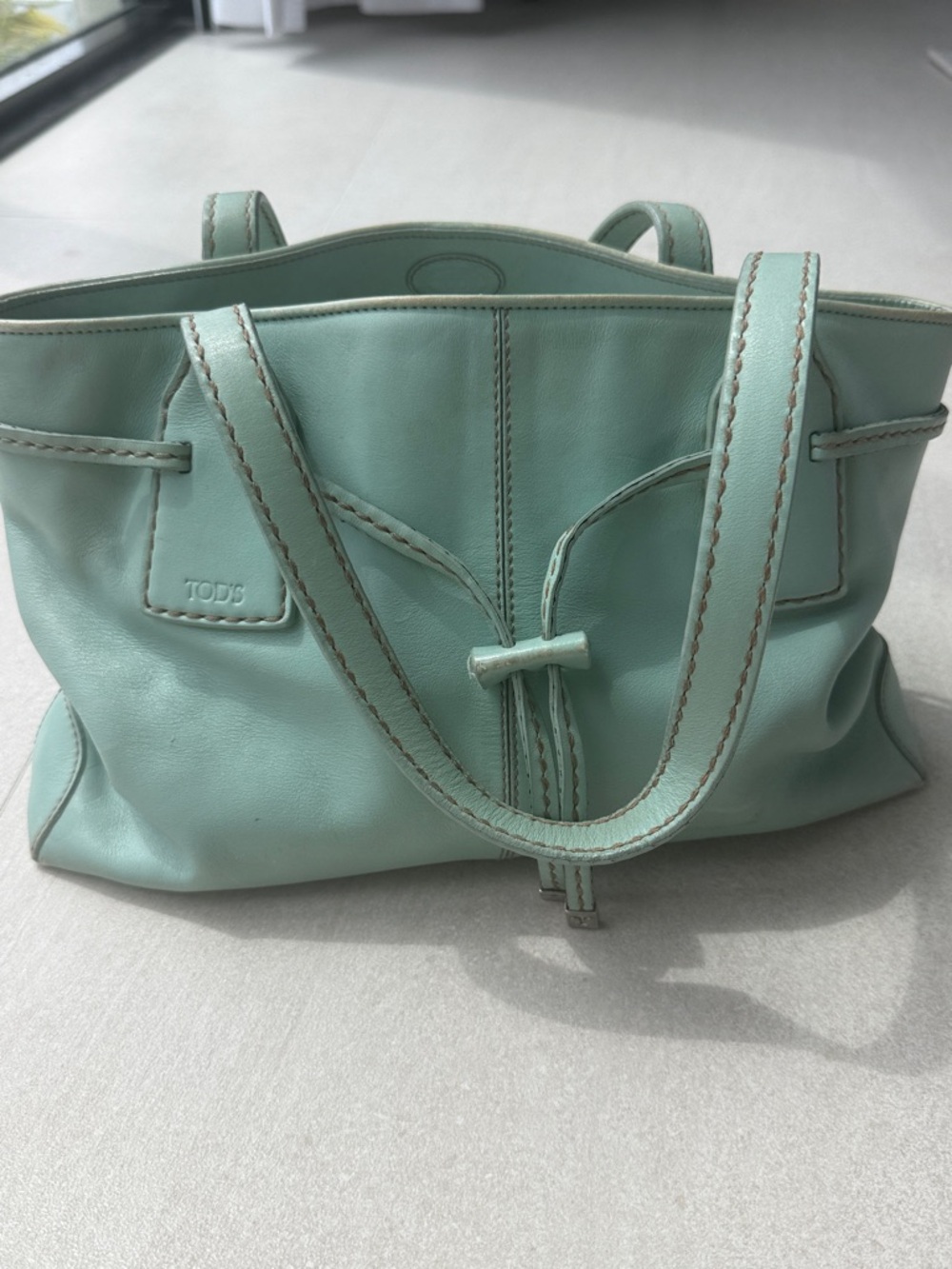Tod's Mint Green Leather Tote with Drawstring Detail